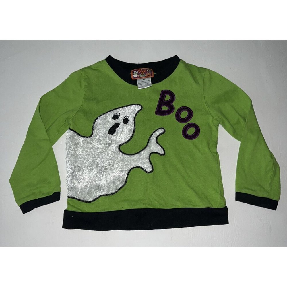 Boys Halloween Ghost Shirt Size 4 Y Green Appliqued Peek A Boo Long Sleeve Tee